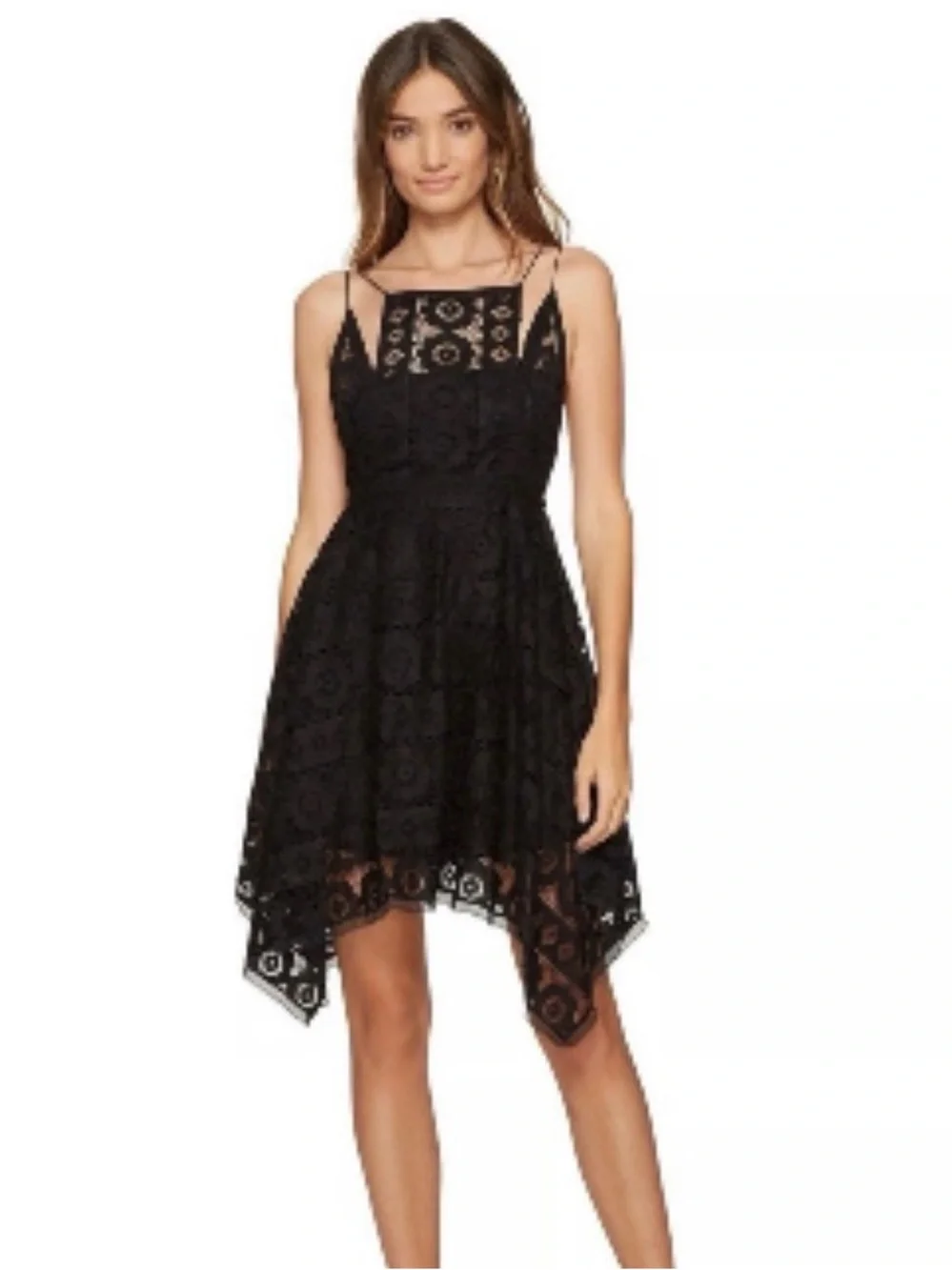 Free People Just Like Honey Lace Mini Asymmetrical Hem Black Dress Sz. 6